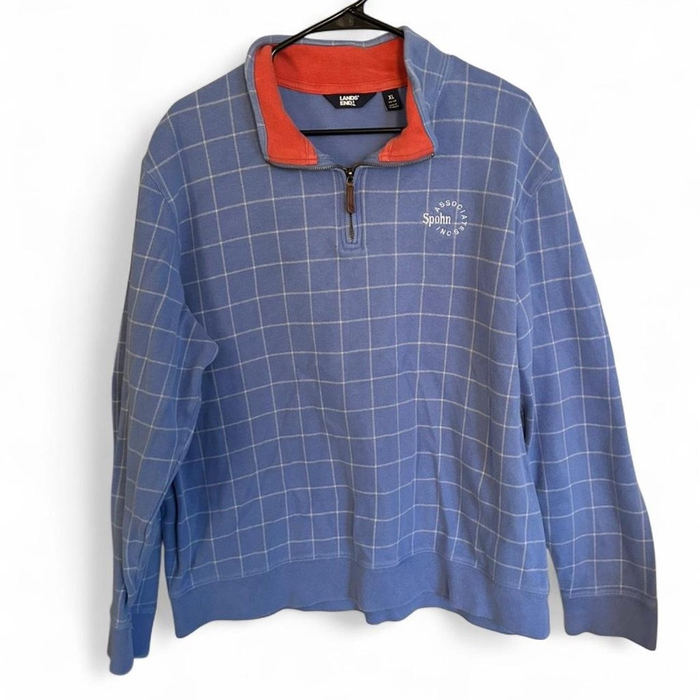 Lands' End Blue and Orange Grid Zip-Up Sweater